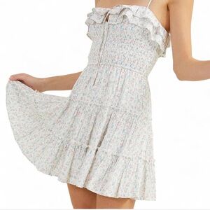 ALTAR’D STATE Valery Babydoll White w/ Pink Floral Print Ruffle Mini Dress NW